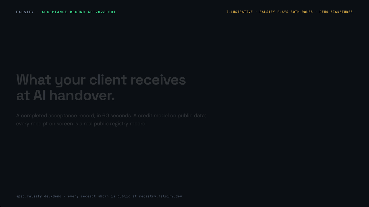 60-second walkthrough: what a client receives at AI handover. A completed acceptance record, illustrative, demo signatures
